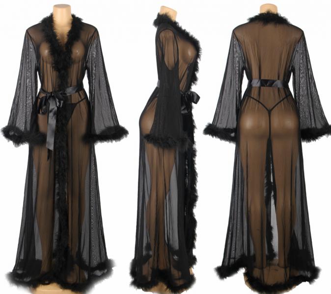 Long Sheer Marabou Robe - Black - – BB Store