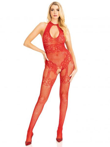 Just Between Us Rhinestone Lace Bodystocking - Red - One Size