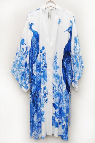 Fantasy Kimono - White Peacock Print -