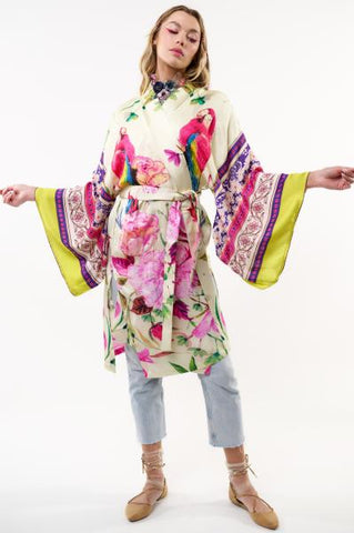 Tropical Mood Hand-Beaded Kimono - Ivory Parrots Print - One Size