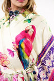 Tropical Mood Hand-Beaded Kimono - Ivory Parrots Print - One Size