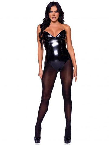 Vinyl Boned Bodysuit - Black -