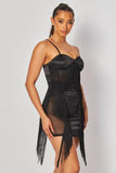 Fringe Contrast Satin Mesh Mini Dress - Black -