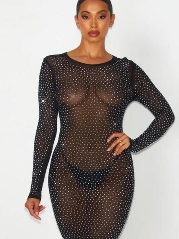 Round Neck Stud Long Sleeve Dress - Black -