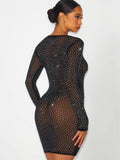 Round Neck Stud Long Sleeve Dress - Black -