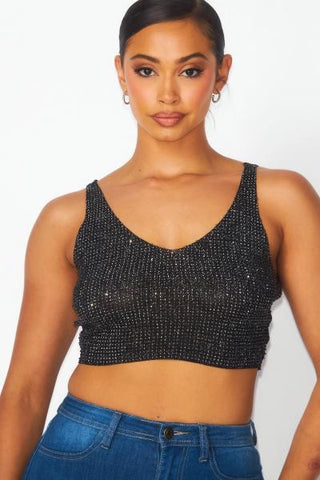 Metallic Rhinestone Sleeveless Crop Top - Black -