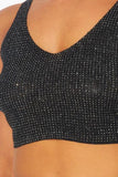 Metallic Rhinestone Sleeveless Crop Top - Black -