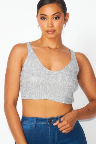 Metallic Rhinestone Sleeveless Crop Top - Silver -