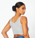 Metallic Rhinestone Sleeveless Crop Top - Silver -