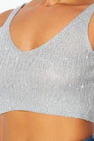 Metallic Rhinestone Sleeveless Crop Top - Silver -