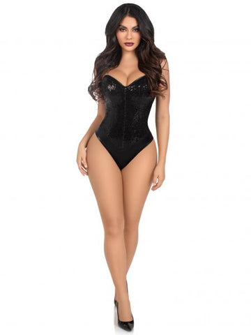 Two Piece Sequin Boned Snap Crotch Bodysuit - Black -