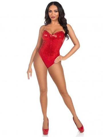 Two Piece Sequin Boned Snap Crotch Bodysuit - Red -