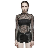 Spliced Spider Mesh Mock Neck T-Shirt - Black -