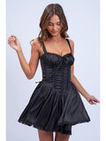 Satin Corset Shape Lace Trim Flare Mini Dress - Black -