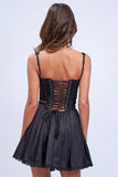 Satin Corset Shape Lace Trim Flare Mini Dress - Black -