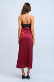 Solid Color Satin Sleeveless Lace Trim Midi Dress - Jujube -