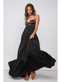 Elegant Silky Sleeveless Bra Top Maxi Dress - Black -