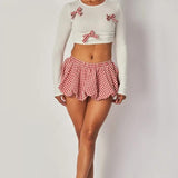 Ellie Gingham Bow Crop Top & Bubble Mini Skirt Set - Ivory/Red -