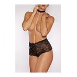 Posh & Spicy Crotchless Panty w/ Choker & Pearls - Black - One Size