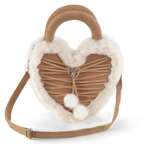 Faux Leather & Fur Heart Shaped Convertible Purse - Camel