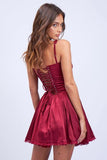 Satin Corset Shape Lace Trim Flare Mini Dress - Jujube -