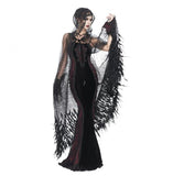 Sheer Beaded Long Cloak with Feather Trim - Black