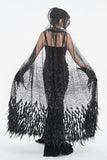 Sheer Beaded Long Cloak with Feather Trim - Black