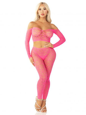 Wild Hearts Crop Top and Footless Tights - Neon Pink - One Size