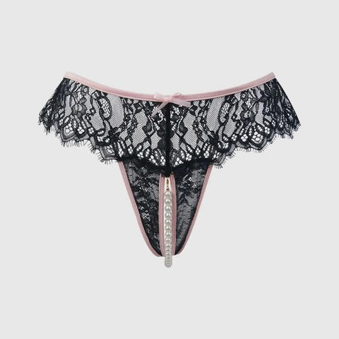 Jocelyn Lace & Pearl Crotchless Thong - Black/Light Pink -