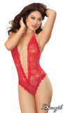 Lace Halter Teddy with Heart Cut Out - Red - One Size