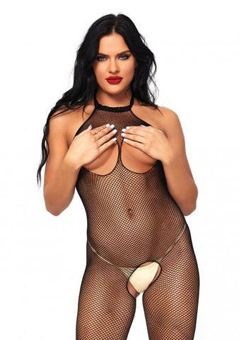 Fishnet Halter Cupless Bodystocking - Black - One Size