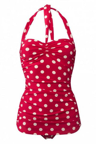 1 Piece Halter Swimsuit - Red with White Spots - Size 4