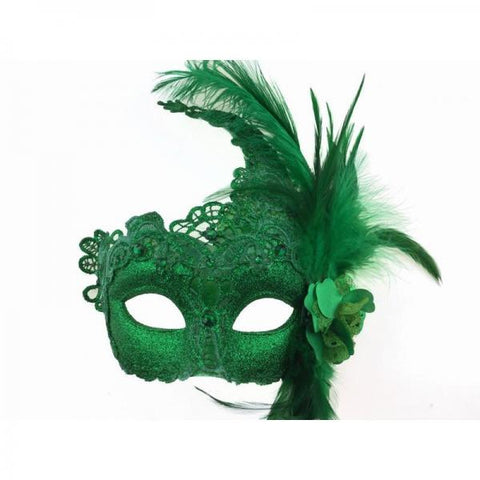 Venetian Lace Mask with Feathers Aside - Green