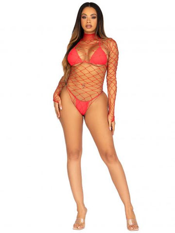 Red - Wide Net High Neck Bodysuit - One Size