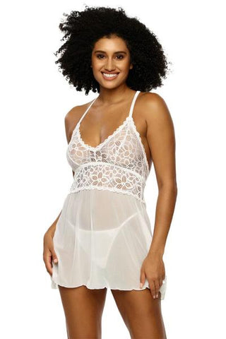 Renee Lace and Mesh Babydoll - White -