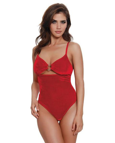 Stretch Velvet Teddy with Metal Heart Detail - Lipstick Red -