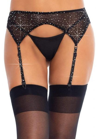 Rhinestone Embellished Garter Belt - Black - One Size