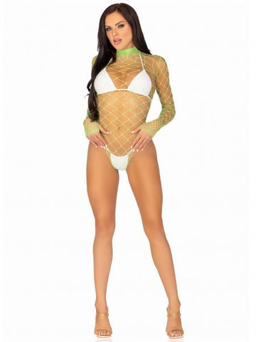 Wide Net High Neck Bodysuit - Neon Green - One Size