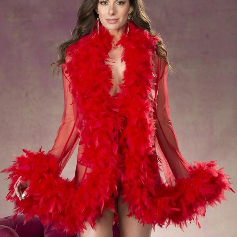 Short Sheer Chandelle Feather Trimmed Robe - Red - One Size