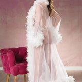 Long Sheer Chandelle Feather Trimmed Robe - White - One Size