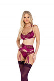 3 Piece Embroidery Lace and Satin Bra Set - Red & Fuchsia/Gold -