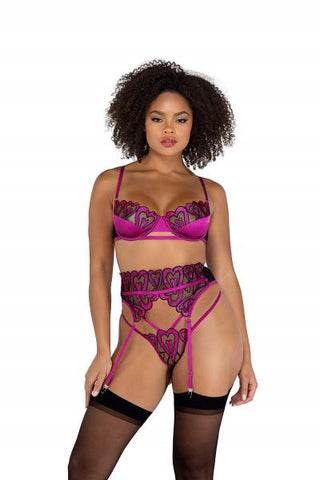 Sweetheart Gartered Bra Set - Pink/Black -