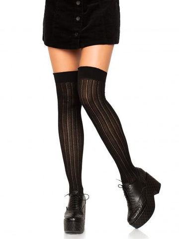 Rib Knit Knee Socks - Black - One Size