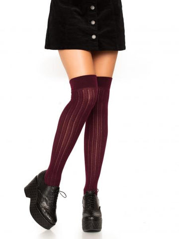 Rib Knit Knee Socks - Burgundy - One Size