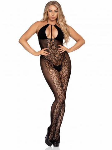 Lace and Opaque Bodystocking - Black - One Size