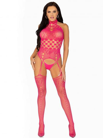 High Neck Halter Hardcore Net Bodystocking - Raspberry - One Size