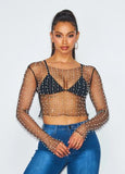 Pearl Stud Mesh Top - Black -