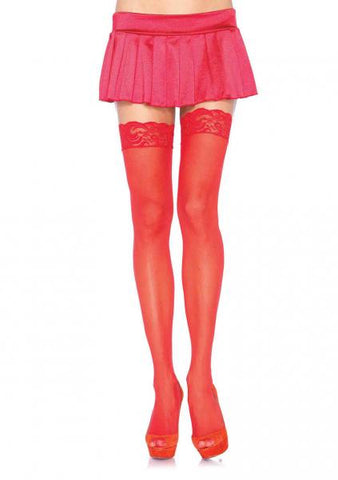Sheer Thigh High with Lace Top - Red - One Size