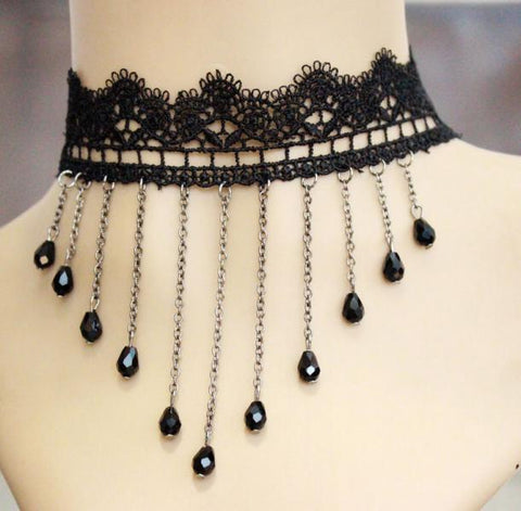 Black -  Lace Choker with Chain Swags