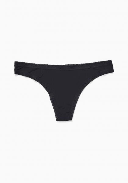 Microfiber and Lace Trim Thong Panty - Black